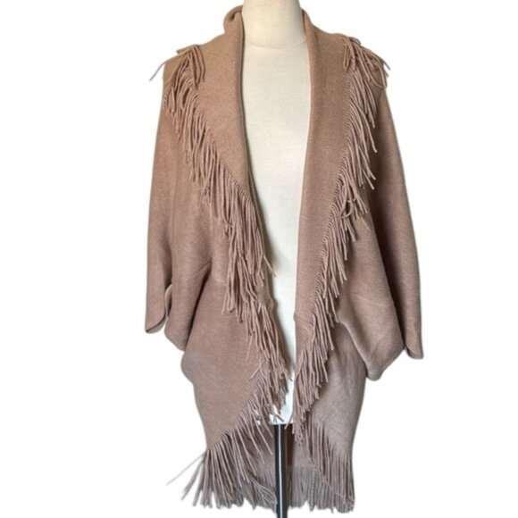 Layers by Lizden Womens Fringe Open-Front Poncho Taupe One Size cardigan - Picture 1 of 7